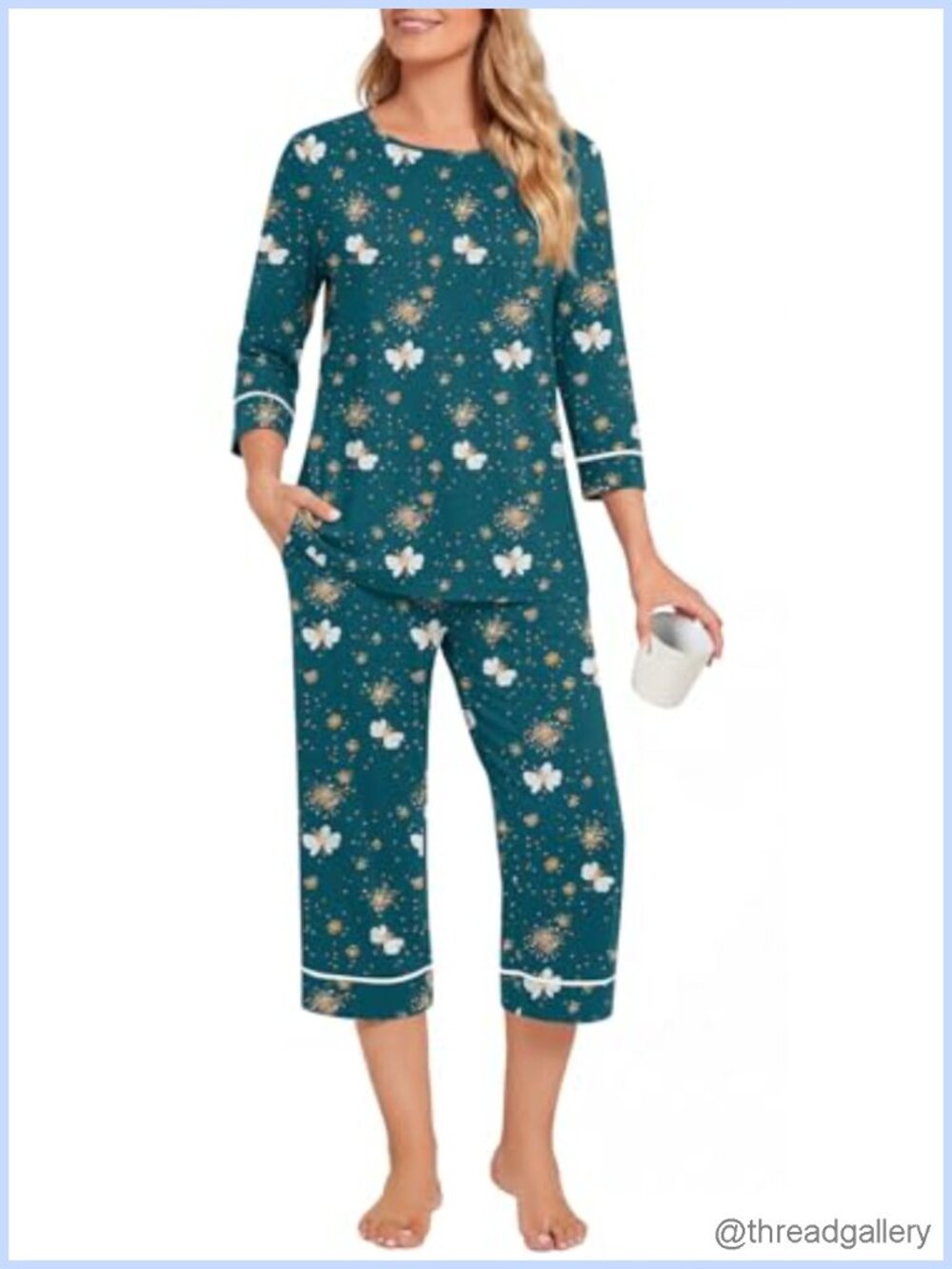 Women's 2 Piece Pajama Set Rayon Spandex 3/4 Sleeve Top Capri Pants Lounge